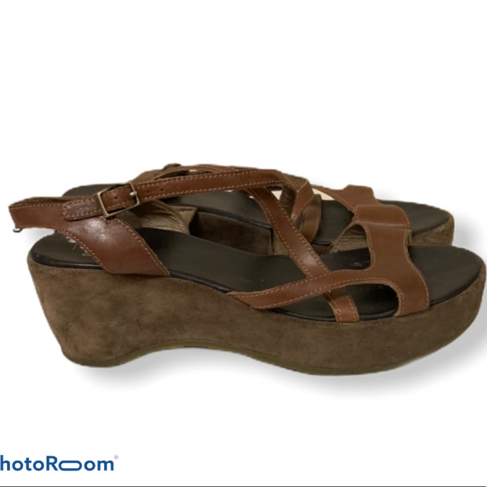 Camper Brown Leather Strappy Wedge Sandals